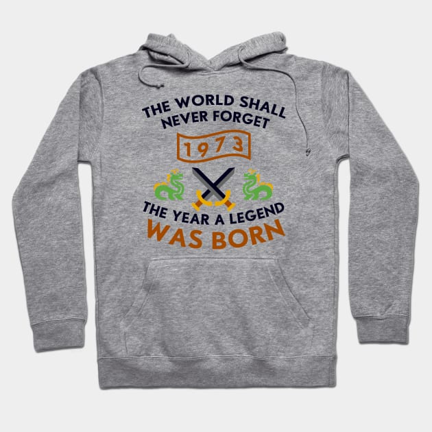 1973 The Year A Legend Was Born Dragons and Swords Design Hoodie by Graograman